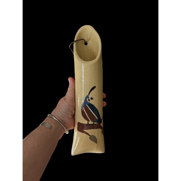 Quail ART POTTERY WALL POCKET FLOWER VASE Bird Southwest 12 x 3.5" Leather Strap - Picture 10 of 12